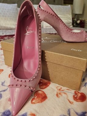 Christian Louboutin Pink Suede & Patent Studded Pointed-Toe Pumps